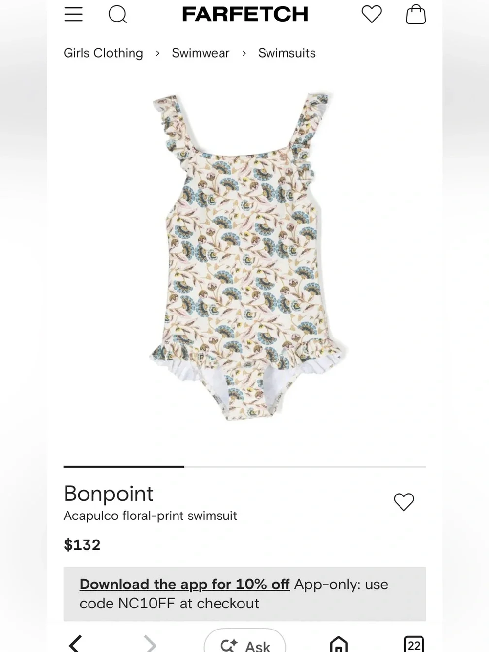 Bonpoint Girls' Acapulco Floral-Print Swimsuit in Cream and Blue! Size 10!